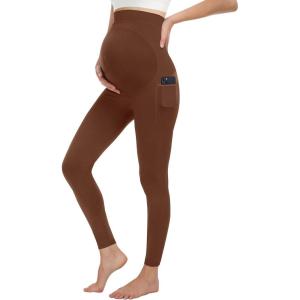 image:imageMIRITY Maternity Seamless Leggings Over The Belly Pregnancy Workout Stretchy Pants with Pockets Brown