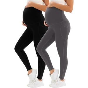 image:imageMIRITY Pregnancy Maternity Athletic Leggings Over The Belly for Women with Pockets and Drawstring 2Pack Black Grey