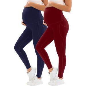 image:imageMIRITY Pregnancy Maternity Athletic Leggings Over The Belly for Women with Pockets and Drawstring 2Pack Navy Burgundy