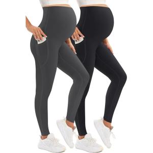 image:imageMIRITY Women Maternity Ribbed Leggings Over The Belly with Pockets and Drawstring for Workout 2Pack